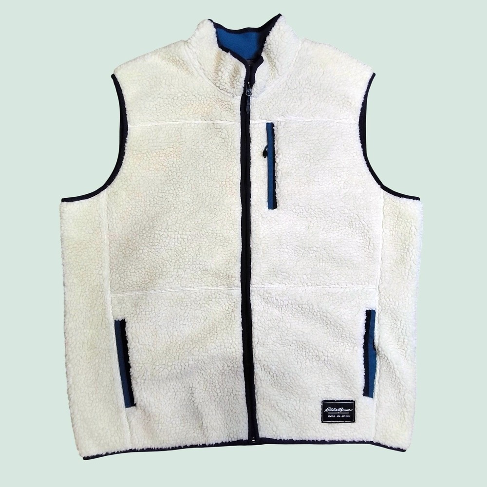 Eddie Bauer Mens XL Sherpa Fleece Vest Full Zip Cream Navy Blue Outdoor Gorpcore